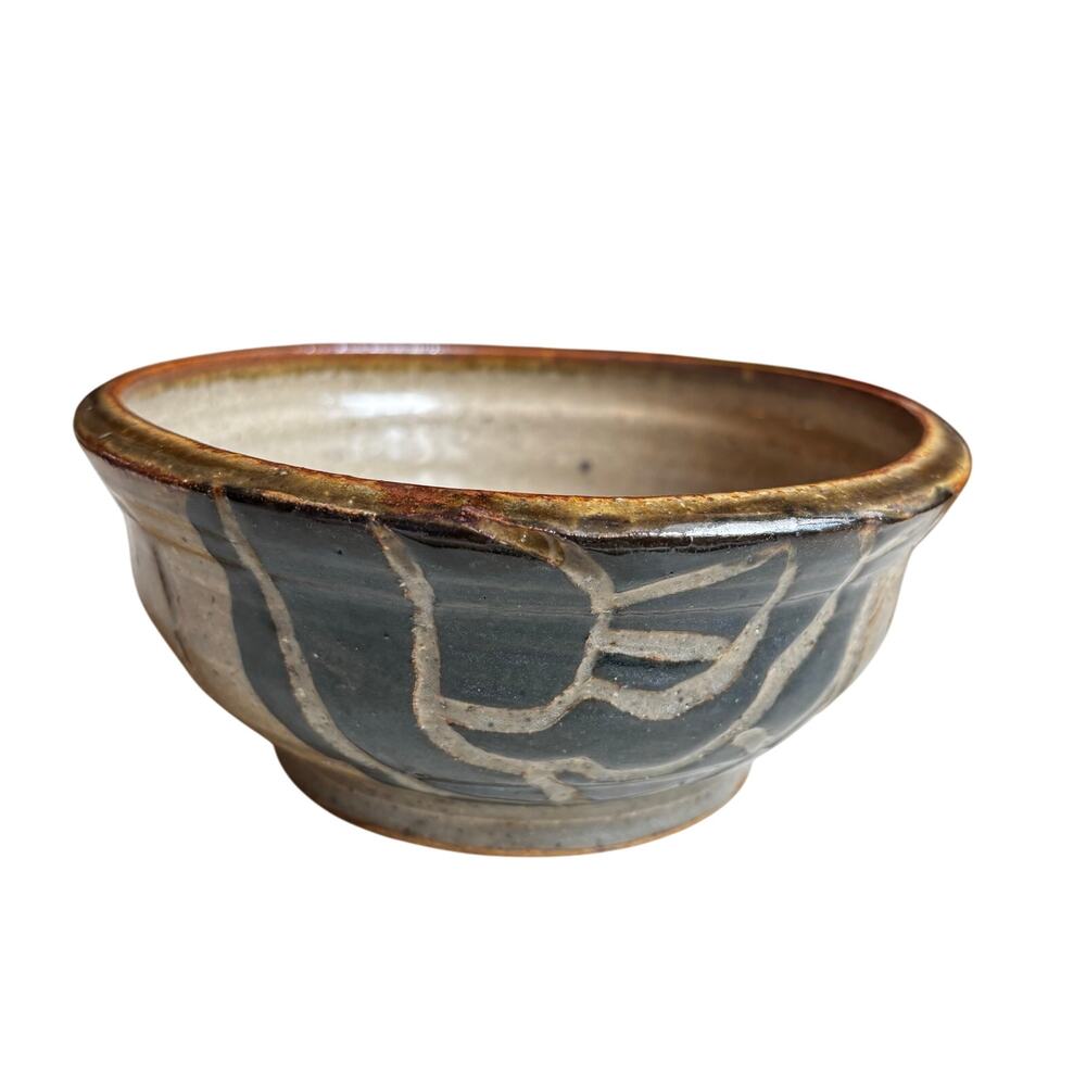 Studio pottery bowl gray blue brown stoneware signed primitive unique decorative